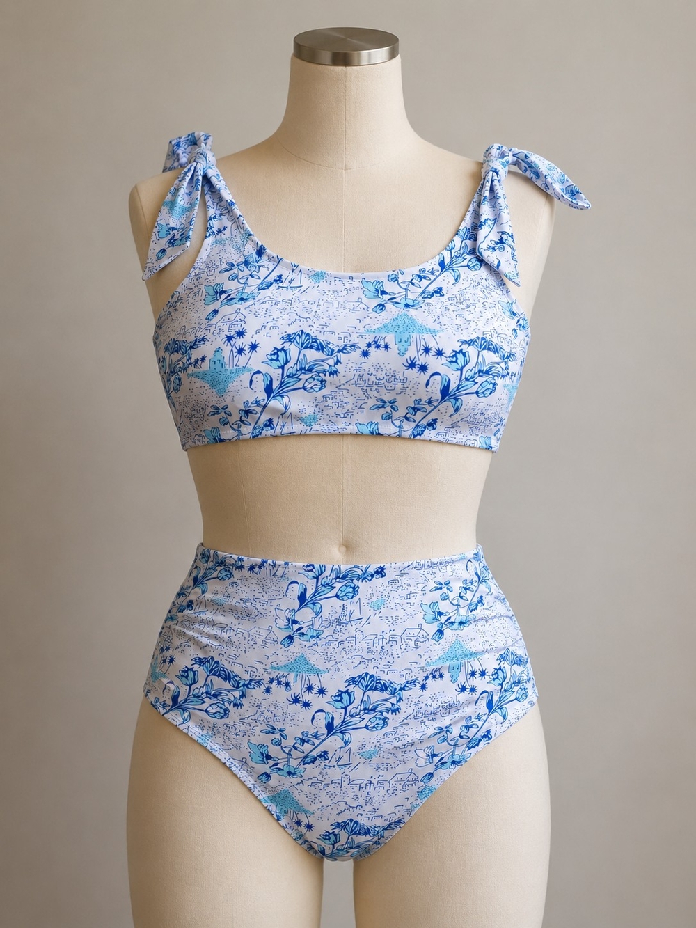 Blue & White High-Waisted Bikini Set
